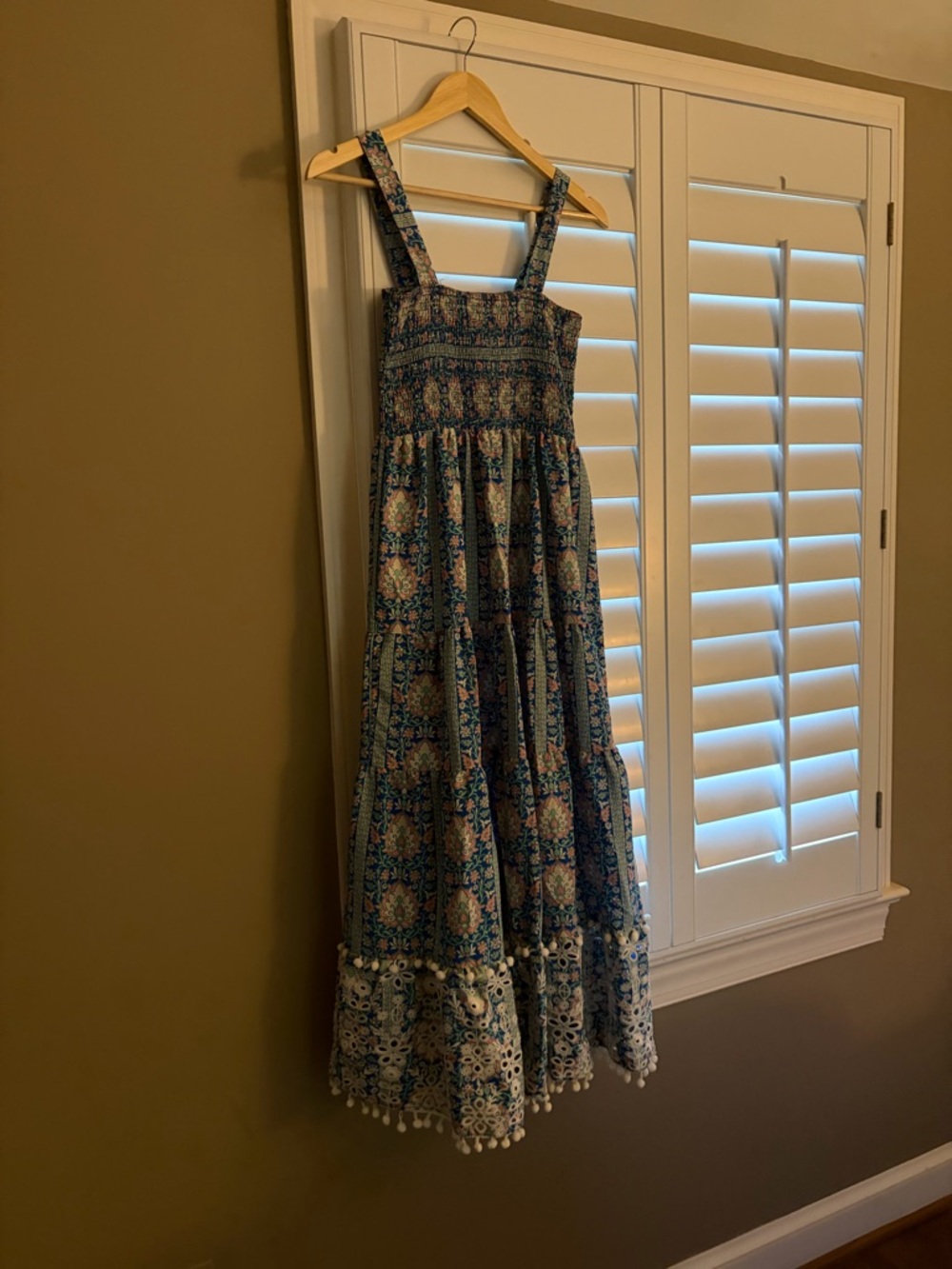 Smocked Floral Maxi Dress in Blue and Cream